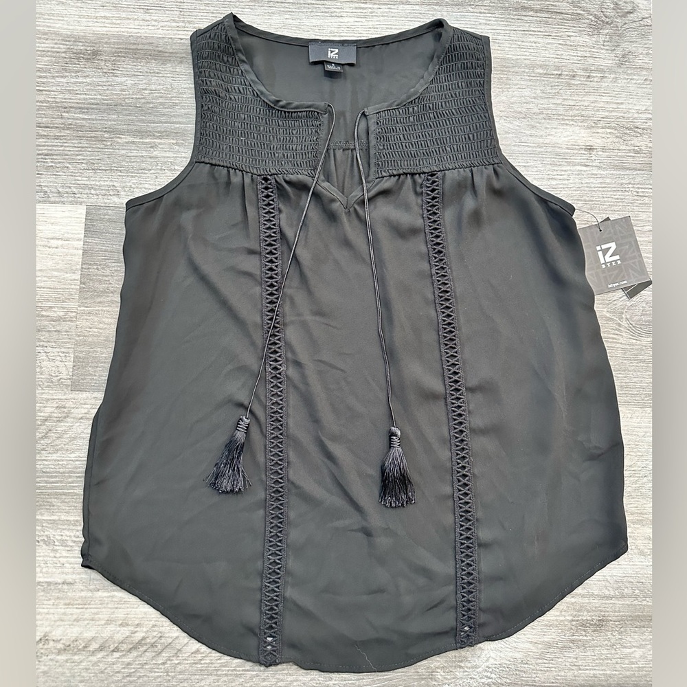 Women’s IZ Byer Black Ruched Tassel Textured Sleeveless Tank Top